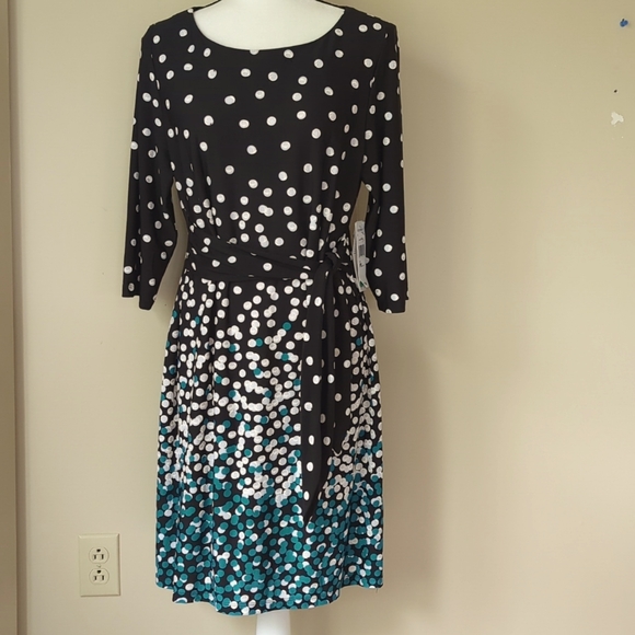 NWT Studio One NY Polka Dot Shift Dress w/Belt LP Black White Teal - Picture 6 of 16